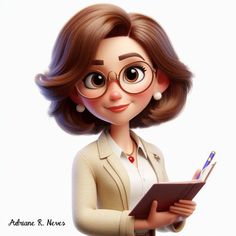 a cartoon woman with glasses holding a clipboard and writing on it's side