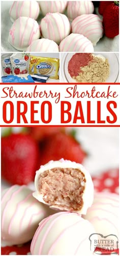 strawberry shortcake oreo balls are stacked on top of each other