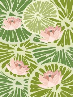 a green and pink wallpaper with water lilies on it's leaves in the center