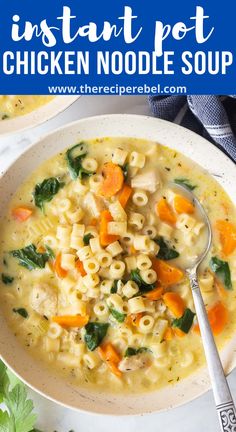 instant pot chicken noodle soup in a white bowl with a spoon and parsley on the side