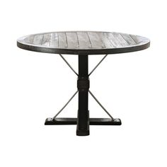 a round wooden table with metal legs and an iron frame around the top, against a white background