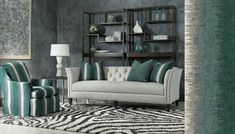 a living room with zebra print rugs and blue chairs in front of a bookshelf