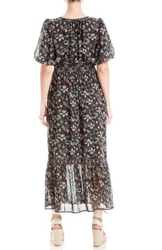 A delightful print decorates this flowy midi dress fashioned with a smocked waist. 51 1/2" length (size Small) Split neck with ties Short sleeves Lined 100% polyester Machine wash, line dry Imported Black Maxi Dress With Gathered Waist, Black Dress With Flowy Skirt And Short Sleeves, Elegant Black Dress With Short Sleeves And Flowy Skirt, Flowy Knee-length Midi Dress With Smocked Cuffs, Flowy Midi Dress With Smocked Cuffs, Flowy Midi Dress With Gathered Waist, Black Flowy Dress With Smocked Cuffs, Black Midi Dress With Gathered Waist, Black Maxi Dress With Elastic Waistband