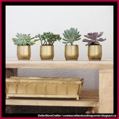 three gold vases with succulent plants in them sitting on a wooden shelf