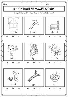 worksheet for the r - controlled word words with pictures and letters on it