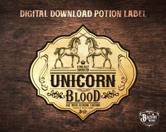 the unicorn blood label is shown on a wooden surface with an image of two horses