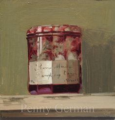 an oil painting of a jar filled with candy canes on top of a table