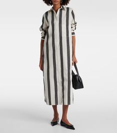 Chic Vertical Stripe Shirt Dress, Chic Long Sleeve Vertical Stripe Shirt Dress, Chic Long Sleeve Shirt Dress With Vertical Stripes, Classic Striped Cotton Dress, Chic Shirt Dress With Striped Collar For Daywear, Vertical Stripes Shirt Dress For Daywear, Elegant Striped Cotton Midi Dress, Classic Striped Shirt Dress, Chic Striped Button-up Shirt Dress