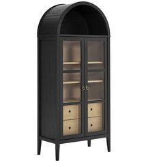 a black cabinet with glass doors and drawers