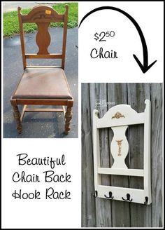 an old chair has been transformed into a beautiful chalk back door rack for $ 20