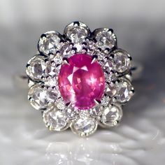 Pink Ruby Ring With Rose Cut Diamonds, Formal Pink Gemstone Flower Ring, Pink Oval Rings With Rose Cut Diamonds, Pink Gemstone Flower Ring For Formal Occasions, Pink Ruby Ring Hallmarked, Hallmarked Pink Ruby Rings, Heirloom Style Pink Cluster Ring For Anniversary, Vintage Pink Diamond Ring With Hallmark, Vintage Pink Diamond Ring Hallmarked