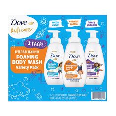 Dove Kids Care Foaming Body Wash is tear-free, sulfate-free, paraben-free and phthalate-free, perfect for kids daily skin care routine. It’s never too soon to teach kids the power of self-care. With Dove Kids Care Foaming Body Wash Variety Pack, you can help give children the encouragement to look after themselves in a way that’s fun while giving them the gentle care their skin needs. Suitable for all skin types, the ultra-caring phthalate-free body wash formula is made with 100% skin-natural nutrients* and is proven to be as gentle as water. Plus, it’s a body wash that’s been dermatologist and ophthalmologist-tested for added peace of mind. Made with a fun fragrance and a colorful formula, this body wash is perfect for making everyday bath or shower time more enjoyable. Every Dove Kids Ca Sulfate Free Body Wash, Berry Cookies, Foaming Body Wash, Smoothies For Kids, Best Fragrances, Daily Skin Care Routine, Daily Skin Care, Foam Cleanser, Variety Pack