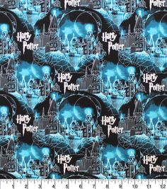 harry potter pattern on black fabric with blue lights and buildings in the background, as well as an image of hog potter's castle