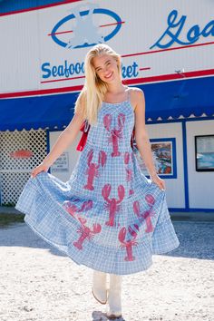 UNDER THE SEA MAXI DRESS DRESS Judith March Lobster Design, Seafood Boil, Red Lobster, Blue Gingham, Under The Sea, At The Beach, The Sea, Gingham, Seafood