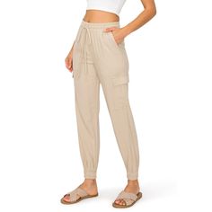 70% Rayon, 30% Linen Feature: Women's linen blended pull-on style pants, elastic waistband with adjustable drawcord tie waist, bottom elastic, front pockets and side cargo pockets, and elastic bottom band. These jogger pants are designed to let you move freely and comfortably. the lightweight fabric is soft and breathable. Lightweight: Stay comfortable with style all day long in these casual linen pants. This comes in a lightweight, breathable material that keeps you fresh and sweat-free in hot Cargo Jogger Pants, Casual Linen Pants, Linen Joggers, Cargo Joggers, Style Pants, Linen Women, Hot Weather, Color Khaki, Linen Pants