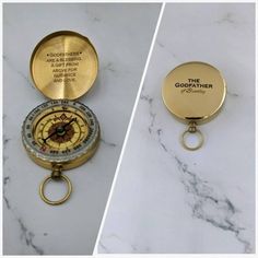 two different views of a compass keychain and the same one has a gold case