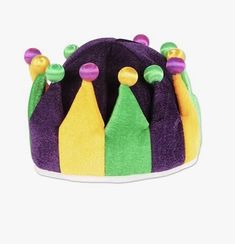 a purple, yellow and green crown hat with buttons on it's sides is shown