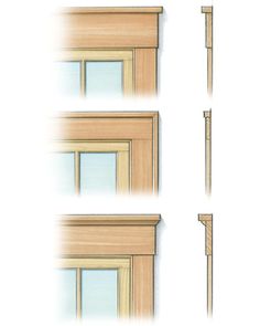 four different types of window frames with wood trimmings on each side and the other side