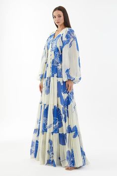 Buy Blue Chiffon Floral V Neck Balloon Sleeve Dress For Women by KoAi Online at Aza Fashions. Potli Button, Floral Print Long Dress, Print Long Dress, Balloon Sleeve Dress, Chiffon Floral, Blue And White Dress, Daily Dress, Floral Chiffon, Maxi Dress Blue