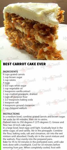 the recipe for carrot cake is shown in green and white