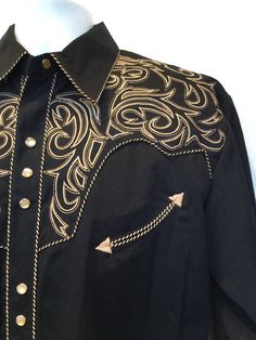 Fitted Western Shirt For Western-themed Events, Fitted Shirt With Button Closure For Western-themed Events, Black Embroidered Western Top, Black Long Sleeve Tops For Western-themed Events, Black Fitted Tops For Western-themed Events, Black Western-style Shirt For Western-themed Events, Western Style Black Shirt For Ranch, Western Black Shirt For Ranch, Western Embroidered Shirt For Rodeo