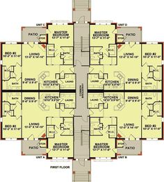 the floor plan for an apartment building with multiple levels and four rooms, all in different colors