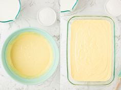 two images show the batter being made in a glass bowl