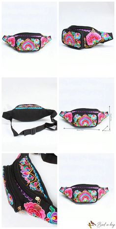 BirdinBag – Adjustable Strap Floral Embroidered Waist Bag with Front Pocket – Bird in Bag Multicolor Embroidered Pouch Shoulder Bag For Travel, Casual Travel Bags With Multicolor Embroidery, Casual Embroidered Rectangular Bag, Casual Multicolor Embroidered Travel Bags, Casual Multicolor Embroidery Travel Bags, Casual Black Embroidered Bag, Black Embroidered Rectangular Pouch, Casual Multicolor Embroidered Bag, Casual Multicolor Embroidered Shoulder Bag