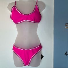 Zaful Hot Pink & White 2pc Bikini Nwt Medium. Us6. 82% Nylon, 18% Spandex. Top: 16" Across Chest, 8" Torso, Adjustable Ties. Bottoms: 15" Across Waist, 9" Rise. New With Tags. 7300-19 Lined Tankini For Poolside, Summer Pink Lined Tankini, Pink Lined Summer Tankini, Lined Tankini For Beach Season, Pink Lined Swimwear For Beach, Zaful Bikinis, Striped Swimsuit, Cheeky Bikinis, Pink White