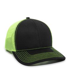 Outdoor Cap Ultimate Trucker Cap - BLACK/NEON YELLOW - ONE SIZE | Outdoor Cap Ultimate Trucker in Black/neon Yellow | Mesh Stylish Caps, Outdoor Cap, Blue Camouflage, Hook And Loop Tape, Black Neon, Popular Colors, Fitted Caps, Neon Yellow, Metal Buckles