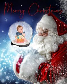 a santa clause holding a snow globe with a baby in it and the words merry christmas