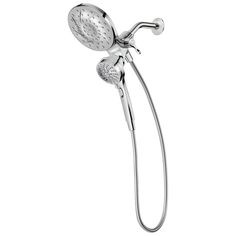 the shower head and handset are shown in stainless steel, with an adjustable arm