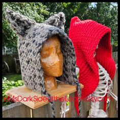 Red Riding Hood And The Big Bad Wolf Is A Set Of Knit Hoods With Braided Ties. Use Them For Costumes Or Wear Them As Functional Outerwear. They'll Add A Bit Of Whimsy And Intrigue. Makes A Great Couple Set Or Keep Both For Yourself. Also, A Great Gift. Red Riding Hood And The Big Bad Wolf Will Keep You Warm And Cozy. The Former Is Knit With Two Strands Of Red Medium Weight Yarn, One Containing A Metallic Thread, And Has A Tapered Front. The Latter Is Knit With A Single Strand Of Super Bulky Yarn Fire Hat Fingering Knit Pattern, Wolf Colors, The Big Bad Wolf, Crochet Hood, Couple Set, Medium Weight Yarn, Super Bulky Yarn, Big Bad Wolf, Knitted Hood