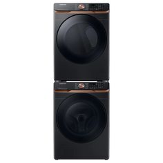 the front and back view of two washers, one in black with brown trim