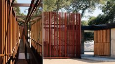 two images side by side one shows a wooden gate and the other shows a stone walkway