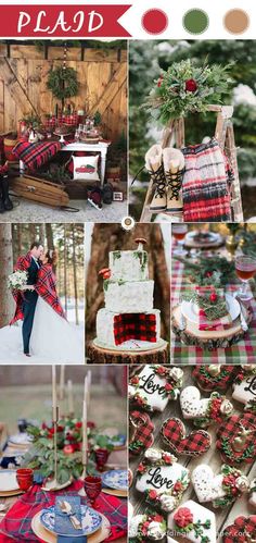 a collage of photos with red, white and green decorations on the table in front of them