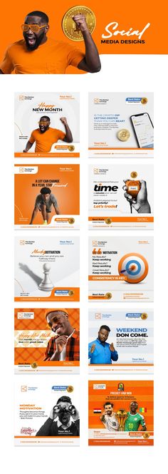 an orange and white web page with many different images on it, including the words social media