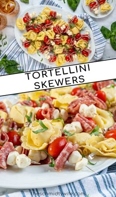 tortelli skewers with tomatoes, mozzarella and spinach on the side