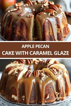 an apple pecan cake with caramel glaze