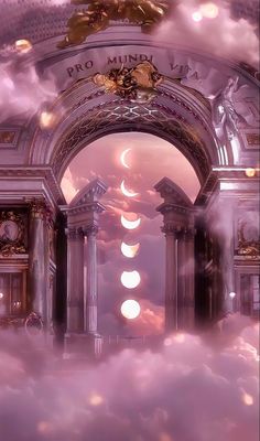 an arch in the sky with clouds surrounding it and moon phases above them, as seen from below