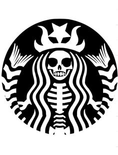 a black and white starbucks logo with a skeleton in the middle