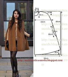 O corte simples deste molde de capa feminina fazem deste modelo uma peça elegante. Favorece todo o tipo de silhueta porque esconde algumas imperfeições. Cape Pattern Sewing, Sewing Coat, Sewing Blouses, Coat Pattern Sewing, Jacket Pattern Sewing