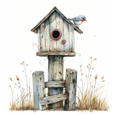 a watercolor painting of a bird house