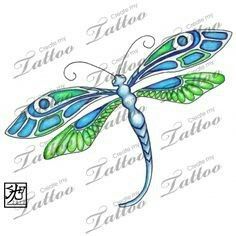 a blue and green dragonfly tattoo design on a white background, with the word tattoos written