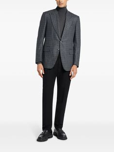 TOM FORD Checked Blazer  - Farfetch Business Casual Houndstooth Pattern Sport Coat, Business Casual Sport Coat With Houndstooth Pattern, Long Sleeve Houndstooth Blazer For Formal Occasions, Houndstooth Suit For Business Casual, Wool Blazer For Business Meetings, Wool Blazer For Business Meetings With Long Sleeves, Formal Houndstooth Pattern Blazer With Lapel Collar, Business Tweed Jacket With Double Button Closure, Formal Blazer With Houndstooth Pattern And Lapel Collar