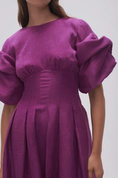 Adelie Puff Sleeve Midi Dress | Plum Purple | Aje – Aje World Pleated Waist Dress, Purple Two Piece Outfit, Kitenge Dress Designs, Kitenge Dress, Ivy Dress, Purple Two Piece, Puff Sleeve Midi Dress, Dress With Pleats, Feminine Chic