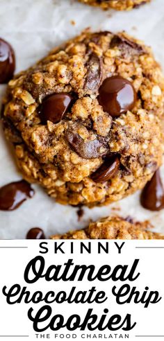 an oatmeal cookie with chocolate chips on top and the words skinnyy written in