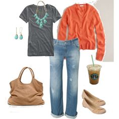 This is great only no brown, and the jeans need to be non-distressed. How To Have Style, Preppy Fashion, Mode Tips, Moms Fashion, Orange Cardigan, Professional Dress, Cardigan Outfit, Prep Style, Comfortable Outfit