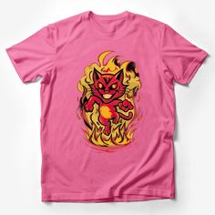 a pink t - shirt with an image of a cat on fire