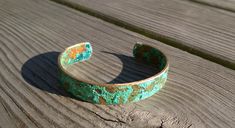 "Turquoise Patina Cuff/ Patina Cuff/ Thin Patina Cuff/ Patina Bracelet/ Verdigris Cuff Bracelet/ Bohemian Chic/ Rustic Patina Cuff Turquoise Patina Cuff - This gorgeous patina cuff got its striking colors right here in my studio using an old vinegar recipe (and a few other secret ingredients :) ), and letting it age for several days. When I felt the color had \"ripened\" to perfection, I etched around the edges to let the natural warmth of the brass peak through, then gave it several coats of ec Bohemian Chic, Jewelry Plate, Pure Silver, Vinegar, Gold Vermeil, Precious Metals, Cuff Bracelet, Turquoise Bracelet, Cuff Bracelets